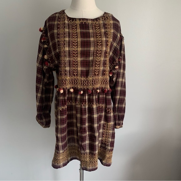 Zara plaid boho Pom Pom mini dress with embroidery - Picture 9 of 10